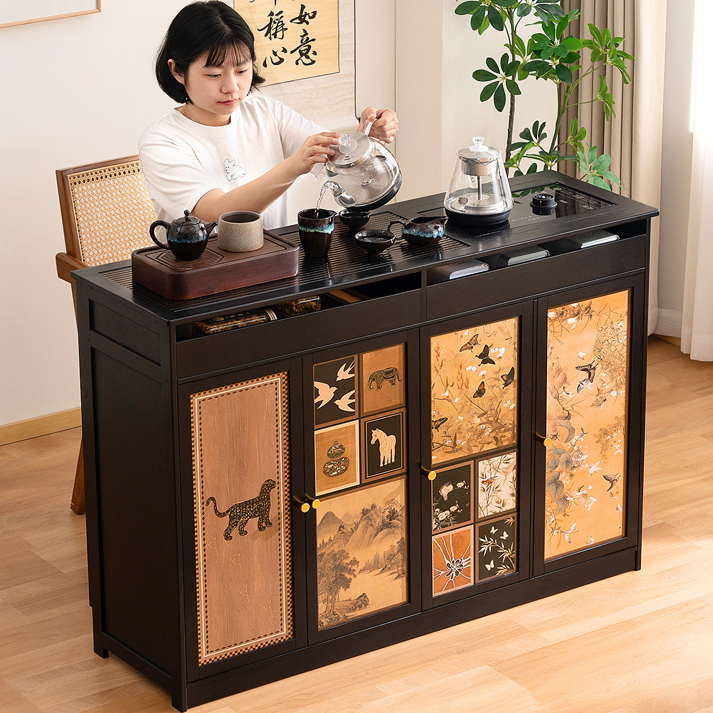 新中式移动茶台茶桌家用茶车带轮