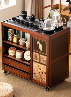 实木中式移动茶桌家用小茶台客厅茶车阳台茶几柜烧水壶一体茶水柜