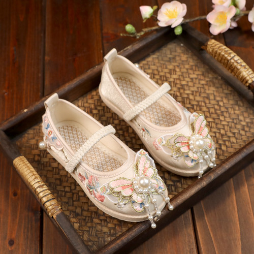 儿童春季新款复古汉服鞋软底老北京布鞋女童平底绣花鞋学生舞蹈鞋