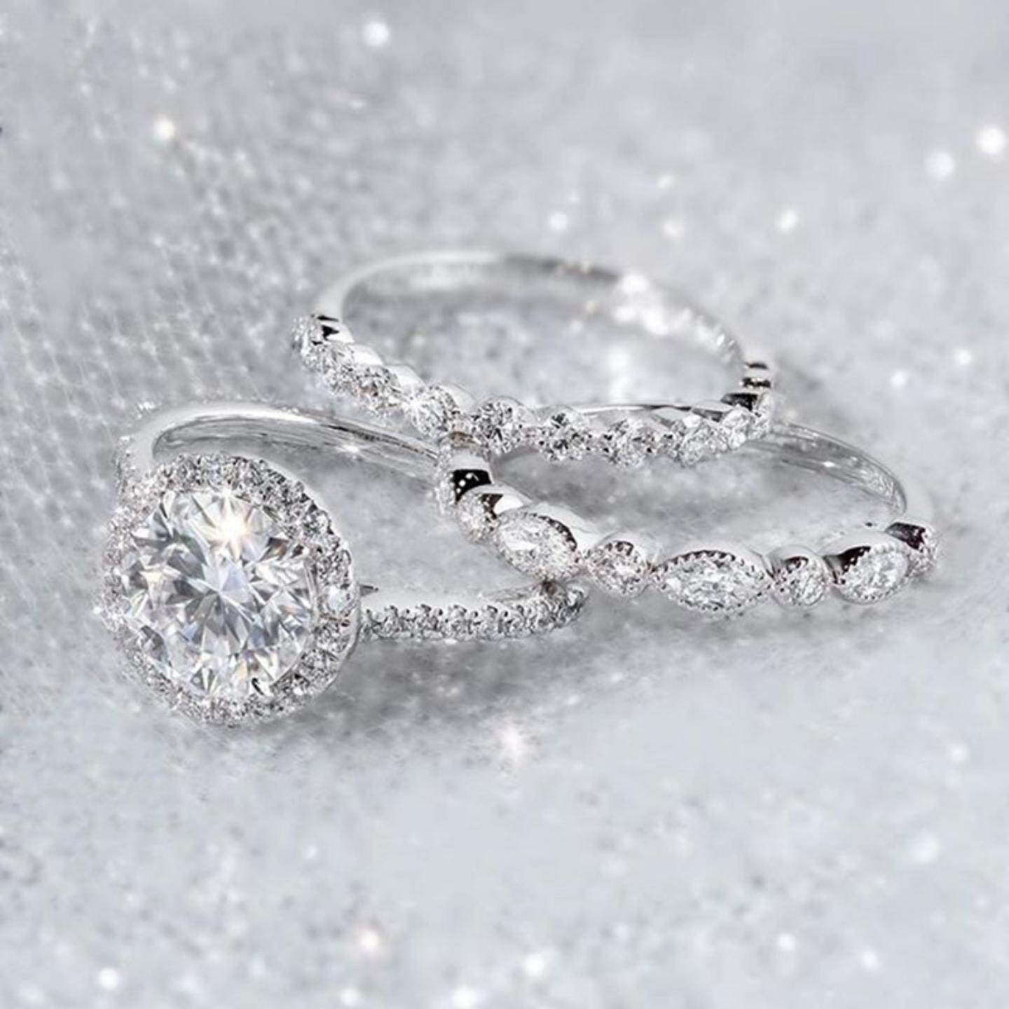 欧美流行潮流饰品 女士镀白金锆石镶钻三件组合套戒 时尚戒指