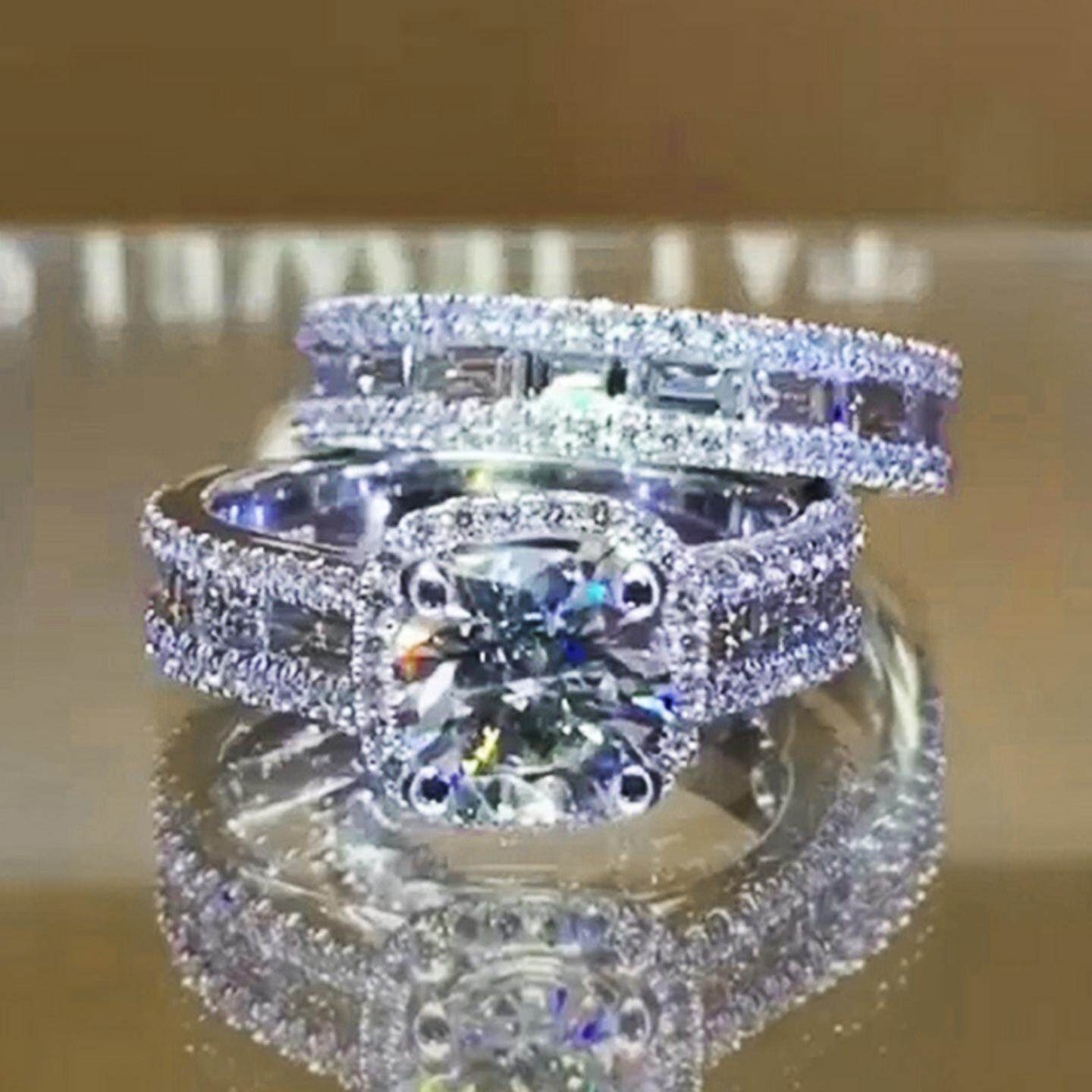 轻奢欧美新款 方形镶嵌锆石两件套戒指 欧美女士饰品情侣套戒