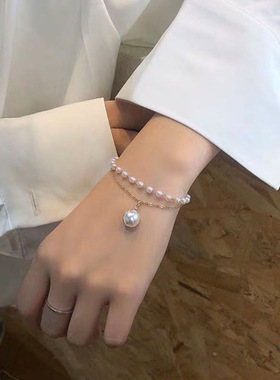 欧美网红复古ins简约双层珍珠手环 时尚设计冷淡风港风时髦手链女