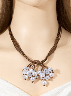 欧美流波西米亚风格珍珠流苏编织项链复古蜡绳流苏吊坠项链女