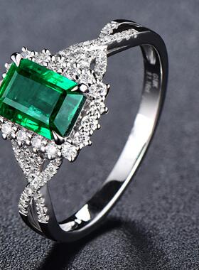 轻奢亚马逊外贸货源 祖母绿色方形锆石戒指 豪华镀白金色女式指环