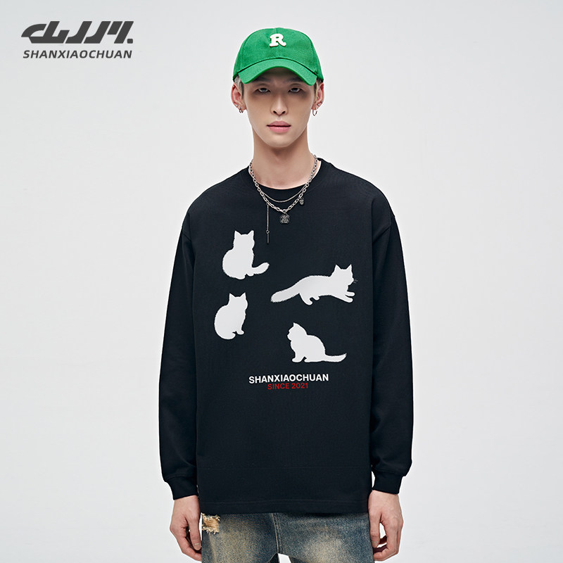 山小川猫咪涂鸦长袖t恤男2025春秋季重磅内搭打底衫纯棉男生上衣,男装,T恤,淘宝优惠券,粉丝福利购,淘宝优惠卷