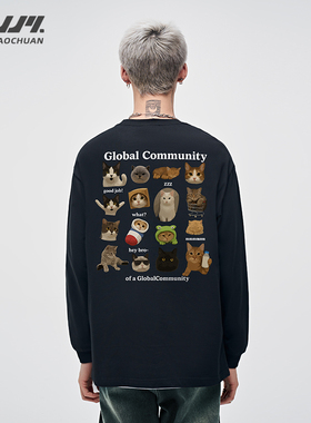 山小川黑色打底衫男士早秋衣服纯棉猫咪印花圆领内搭男生长袖t恤