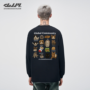 山小川黑色打底衫男士早秋衣服纯棉猫咪印花圆领内搭男生长袖t恤