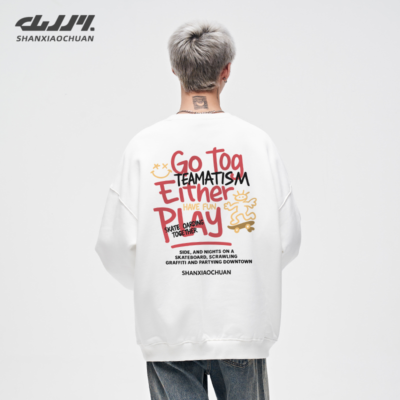 山小川潮牌美式字母加绒加厚圆领卫衣男女秋冬季宽松男生情侣上衣