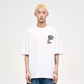 重磅纯棉男生宽松衣服 夏季 山小川潮牌手绘棕榈树印花短袖 T恤男款