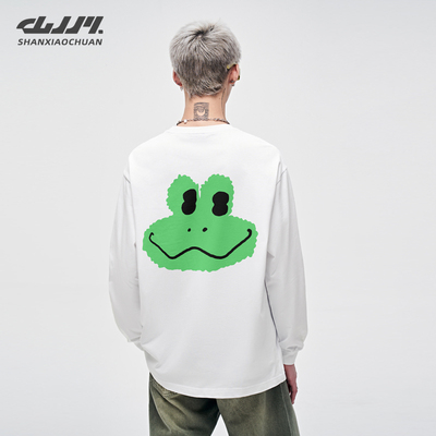 山小川长袖男t恤纯棉秋冬青少年圆领内搭美式青蛙图案男款打底衫
