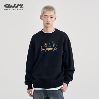 山小川卡通重磅圆领卫衣男生2025新款秋冬季无帽加绒加厚长袖上衣