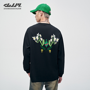 山小川潮牌长袖t恤男春秋季纯棉花朵印花体恤宽松男生潮流打底衫