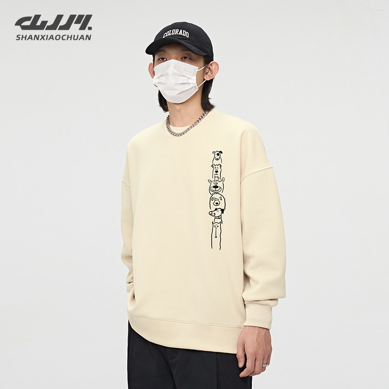 山小川重磅480g加绒加厚圆领卫衣男士潮牌秋冬季卡通男生长袖上衣