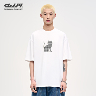 山小川短袖t恤男款2026新款夏季猫咪印花重磅青少年潮牌男生半袖