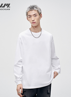 山小川潮牌纯棉白色长袖T恤男女宽松打底衫重磅美式纯色男生内搭