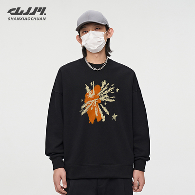 山小川加绒卫衣男款秋冬季休闲宽松圆领人物印花加厚男生潮牌上衣