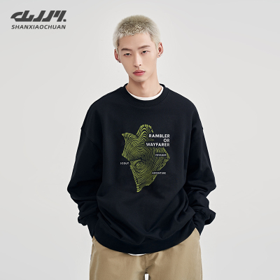 山小川潮牌圆领加绒卫衣男生加厚重磅美式线条印花无帽秋冬款长袖