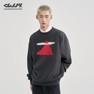 山小川潮牌圆领卫衣男加绒冬季重磅套头宽松山峰印花潮流衣服男款