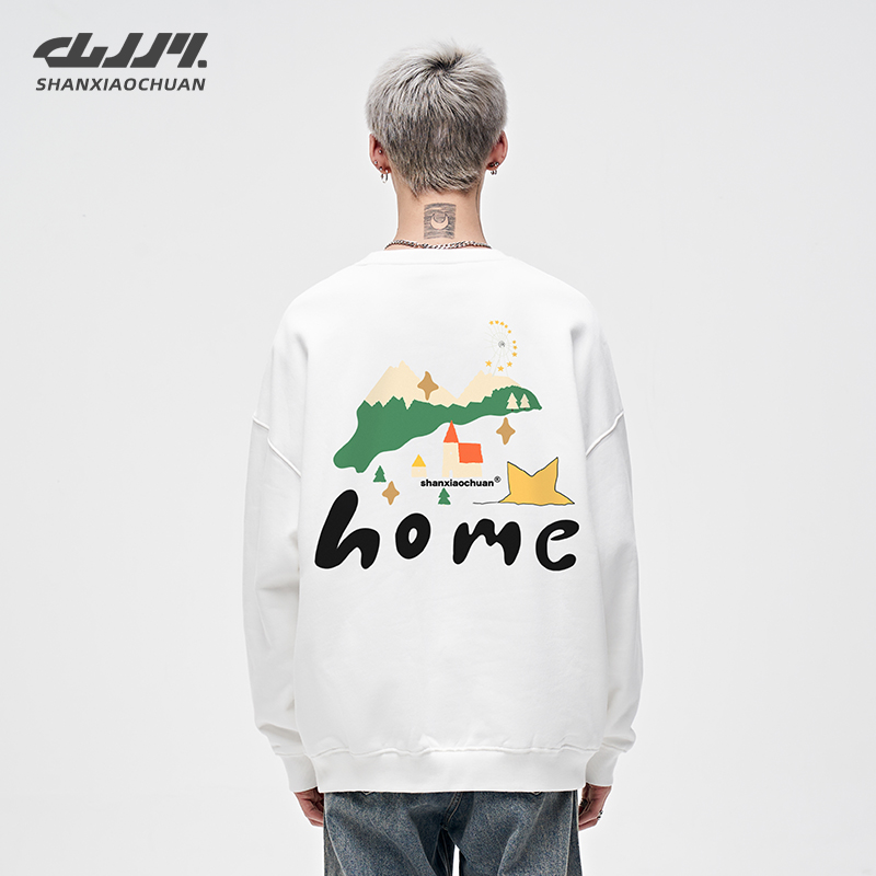 山小川加绒卫衣男冬季重磅圆领无帽白色美式卡通加厚男生宽松外套