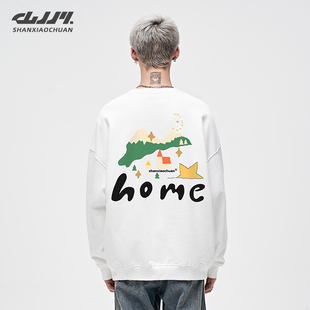 山小川加绒卫衣男冬季重磅圆领无帽白色美式卡通加厚男生宽松外套