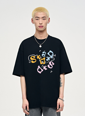 山小川潮牌logot恤短袖男款纯棉夏季宽松字母印花男生黑色上衣