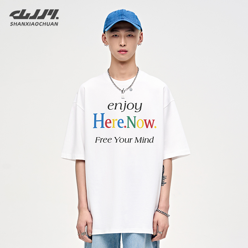 山小川潮牌美式vintage字母印花高街clenfit国潮宽松基础短袖T恤