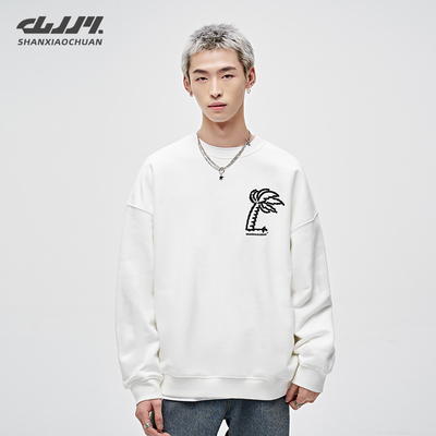 山小川重磅白色卫衣男潮牌宽松百搭秋冬季加绒圆领无帽男生上衣