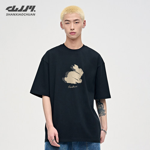 山小川潮牌重磅日系夏季男士涂鸦樱花短袖T恤情侣宽松纯棉体恤衫