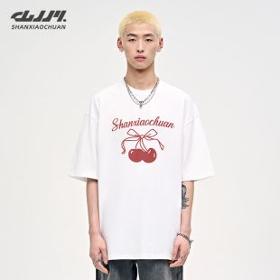男生宽松上衣服 情侣款 潮牌重磅纯棉樱桃白色短袖 T恤男女复古美式