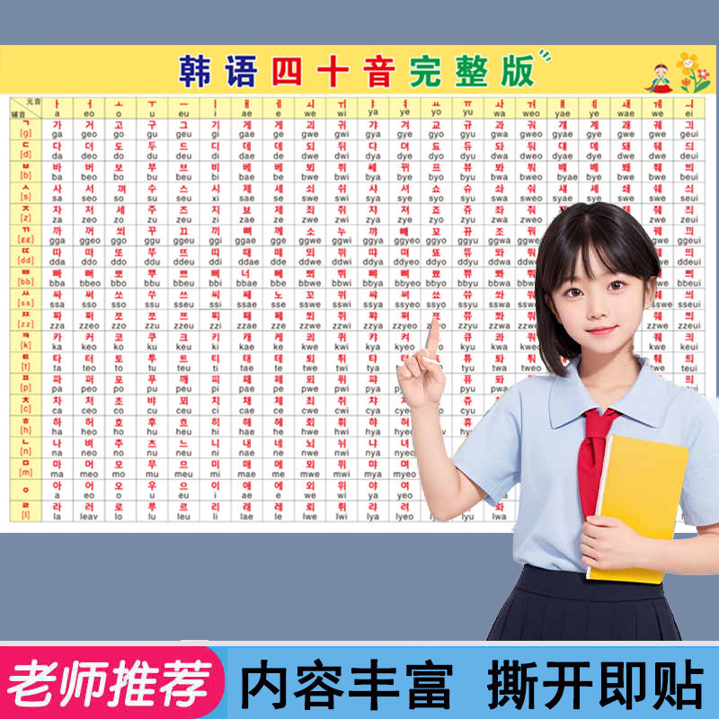 韩语朝鲜语字母罗马发音对照规则表单元双元音贴纸贴图墙贴挂图