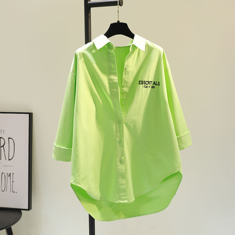 果绿色字母刺绣中长款衬衫女2021秋季新款糖果色BF风衬衣女开衫