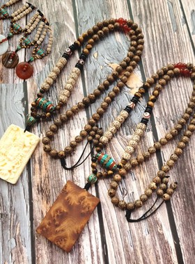 原创复古民族风无事牌守护神菩提子佛珠项链男士女士长款毛衣链