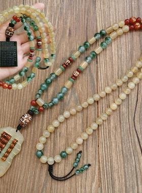复古民族风无事牌坠羊角玉髓玛瑙佛珠项链男士女士长款毛衣链饰品