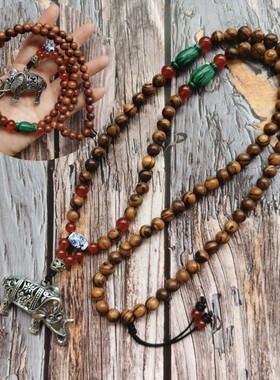 原创民族风复古紫檀柳花奇楠木佛珠项链 女士藏银长款毛衣链饰品