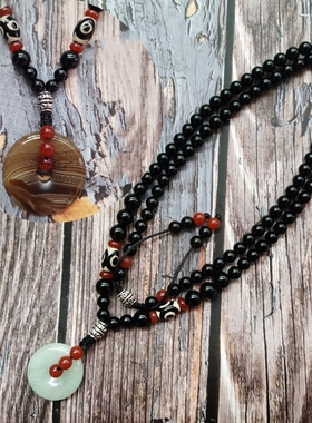 原创民族风翡翠平安扣黑曜石佛珠项链男士女士长款百搭毛衣链饰品