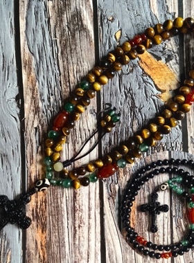 原创设计纯手工黑曜石十字架项链 男女虎晴石长款毛衣链情侣配饰