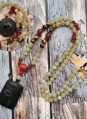 民族风原创无事牌天然羊角虎晴石佛珠项链男士女士长款毛衣链饰品