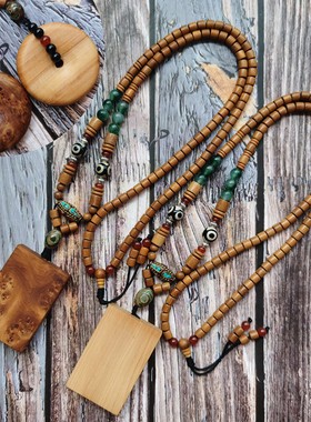 原创民族风崖柏无事牌黄金檀木佛珠项链 男士女士长款毛衣链饰品