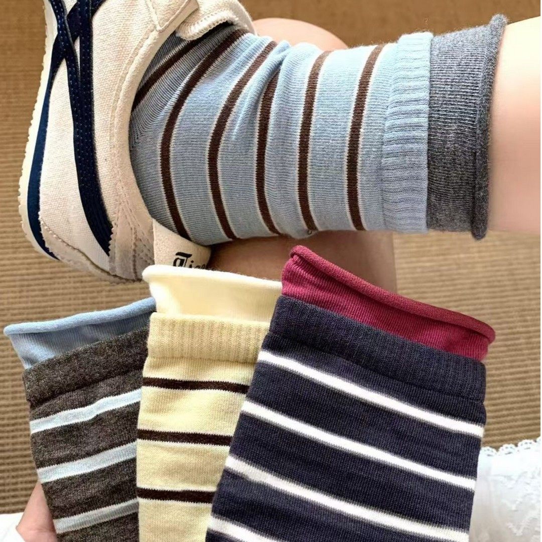 中筒复古双口撞色袜文艺时尚氛围感条纹袜子W2006