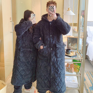 冬季 棉裤 保暖睡衣纯色连帽法兰绒 三层夹棉加厚家居服长袍 情侣款