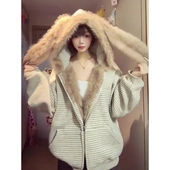 韩系兔耳朵毛领条纹外套女秋冬季 加绒加厚宽松慵懒风开衫 连帽卫衣