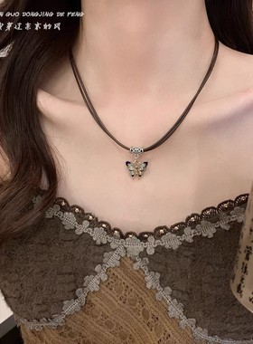 新中式蝴蝶双层项链复古锁骨链