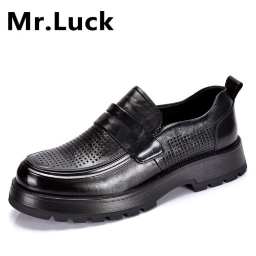 Mr.luck真皮男鞋头层牛皮透气商务正装软底乐福鞋休闲洞洞男凉鞋