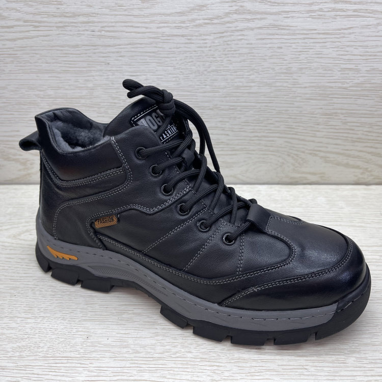 断码外贸真皮男鞋头层牛皮圆头侧拉链系带羊毛保暖厚底男士高帮鞋