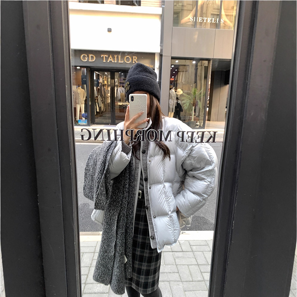 设计感！针织拼接假两件90白鸭绒羽绒服女冬短款宽松加厚立领外套