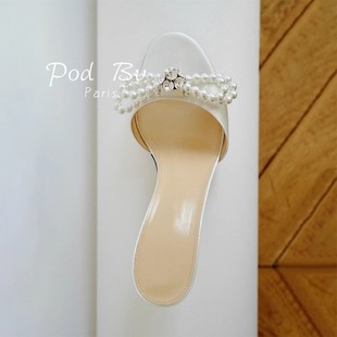 优雅气质露趾细高跟凉鞋 现货 法式 顶奢 珍珠水钻一字带凉拖鞋