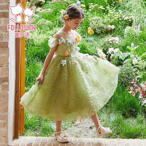 富罗迷女童礼服裙2024新款夏季洋气小女孩绿色清新花朵主持公主裙