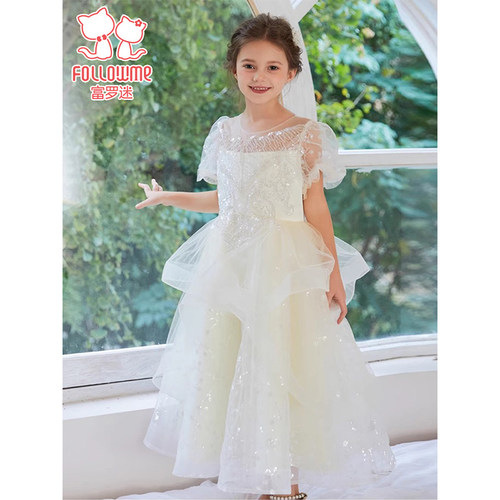 富罗迷女童礼服裙夏季2024新款小女孩洋气走秀演出生日白色公主裙