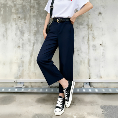 春季新款高腰薄款腰带阔腿西装裤