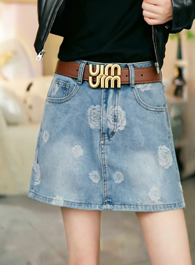 2026夏季新款玫瑰印花洗水蓝色高腰防走光短裙女韩版牛仔a字半裙